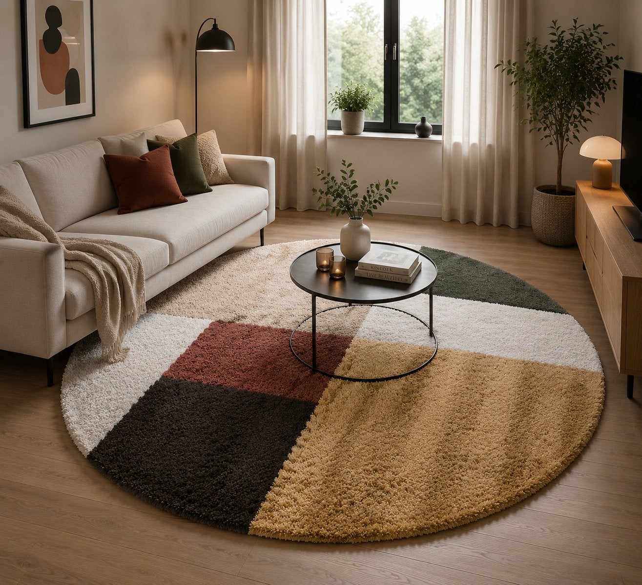 Rond Hoogpolig Vloerkleed - Multicolor Design, Gebruikt, 150 tot 200 cm, Rond, Ophalen of Verzenden