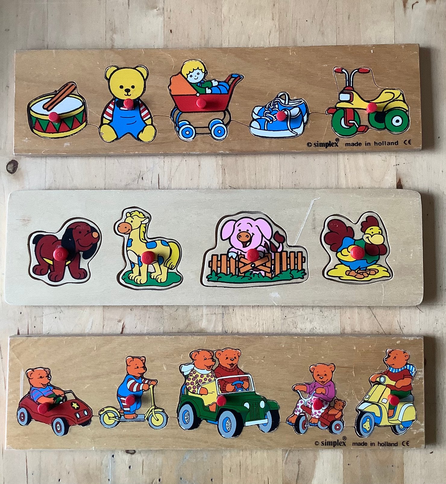 Drie houten insteekpuzzels, Ophalen of Verzenden, Minder dan 10 stukjes, Zo goed als nieuw, 6 maanden tot 2 jaar