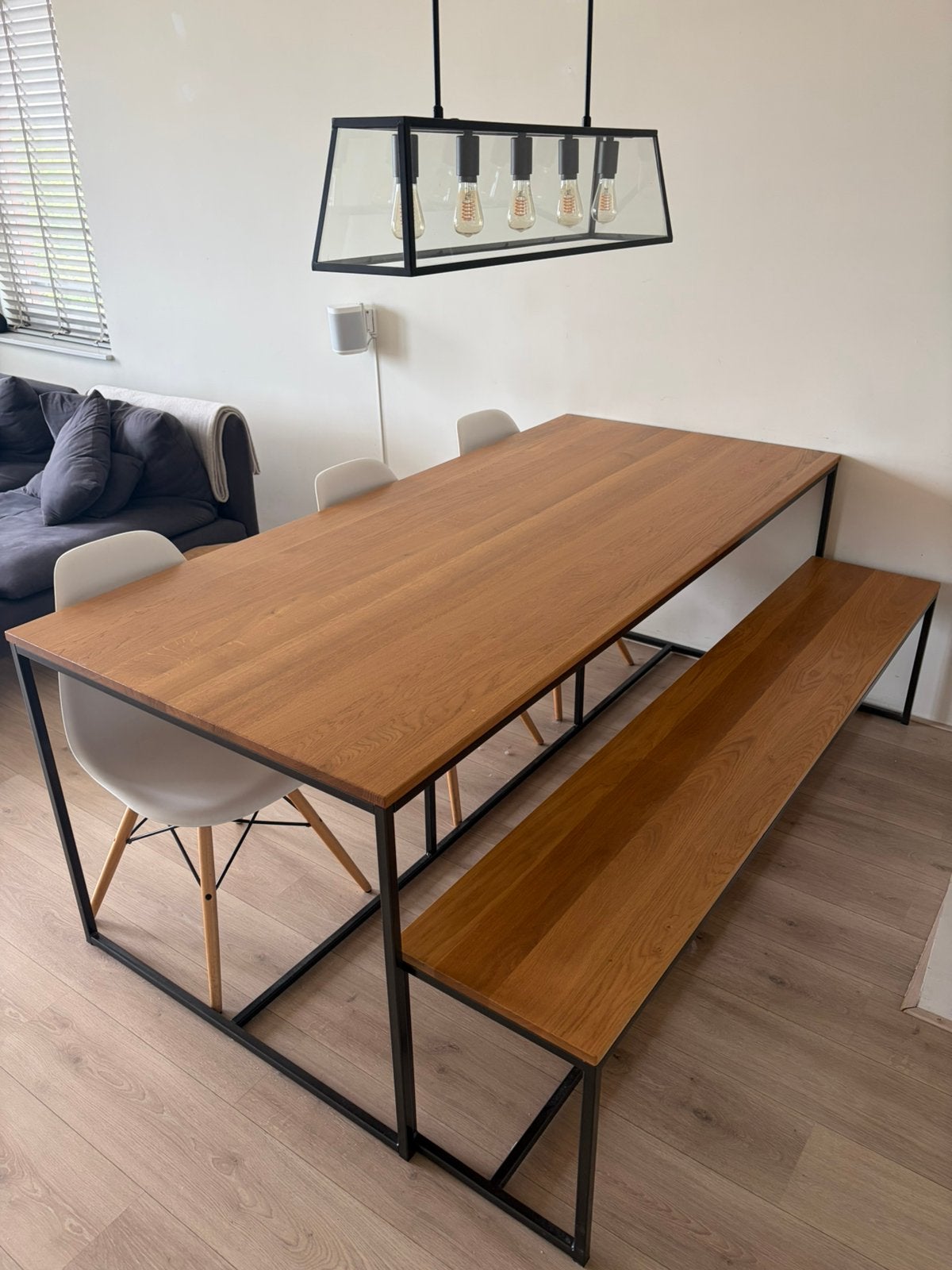 VM Design eettafel 200 x 90 cm + bijbehorende bank, Ophalen, 200 cm of meer, 50 tot 100 cm, Zo goed als nieuw