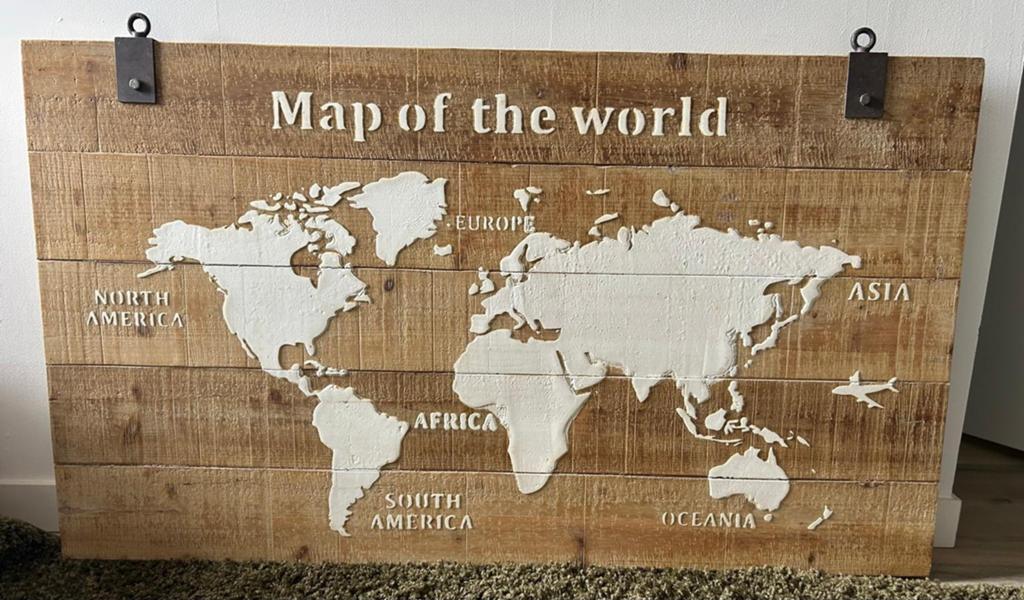 Hout schilderij met wereldkaart, Ophalen of Verzenden, Zo goed als nieuw