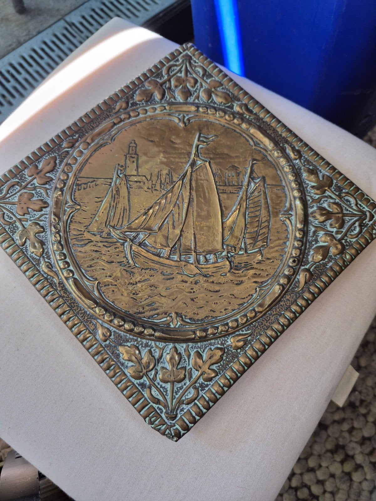 Vintage Koperen Reliëf Plaat met Schepen, Ophalen of Verzenden, Koper