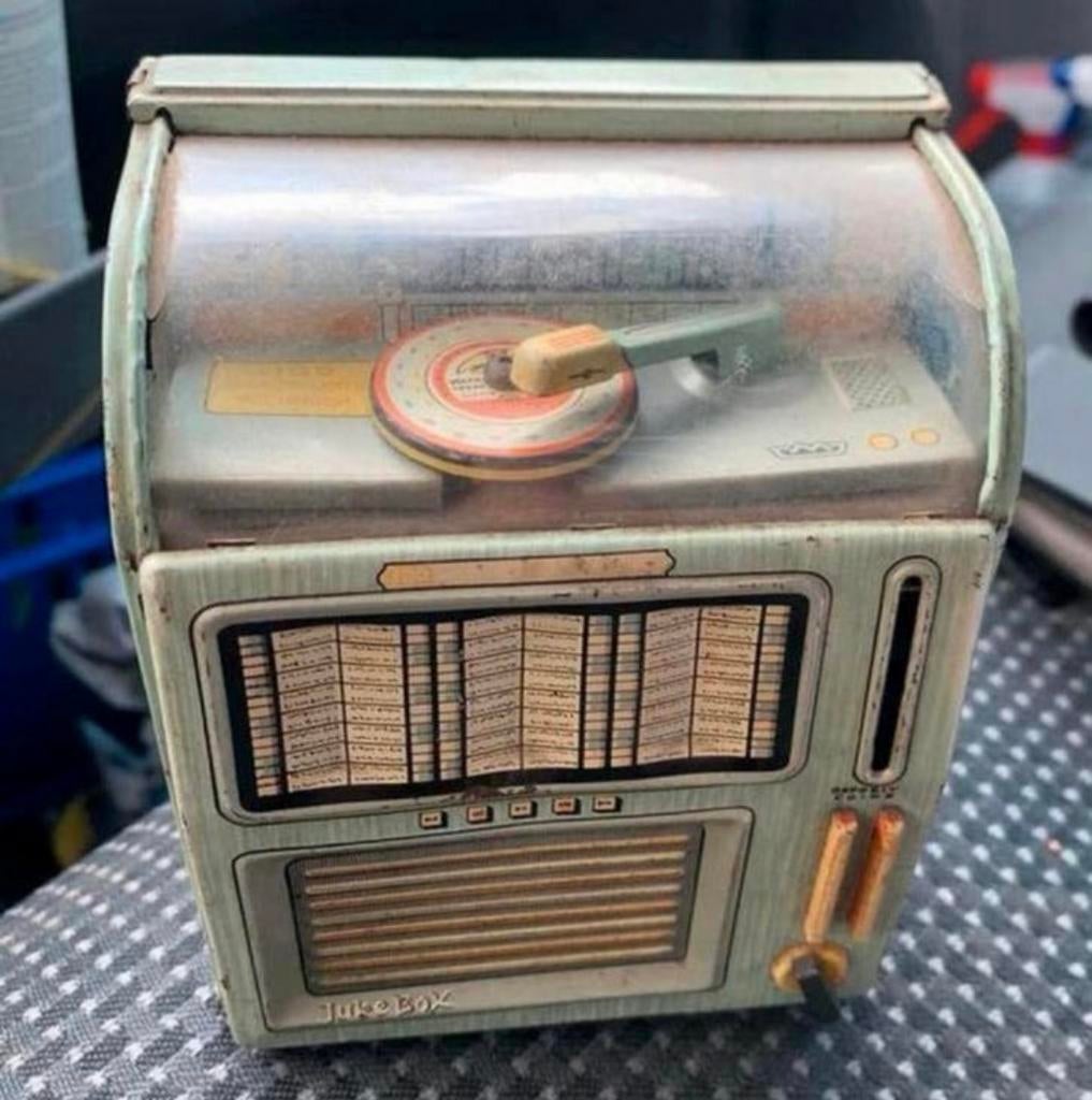 Blikken Selecto Matic miniatuur JUKEBOX spaarpot Japan 50s., Antiek en Kunst, Ophalen of Verzenden