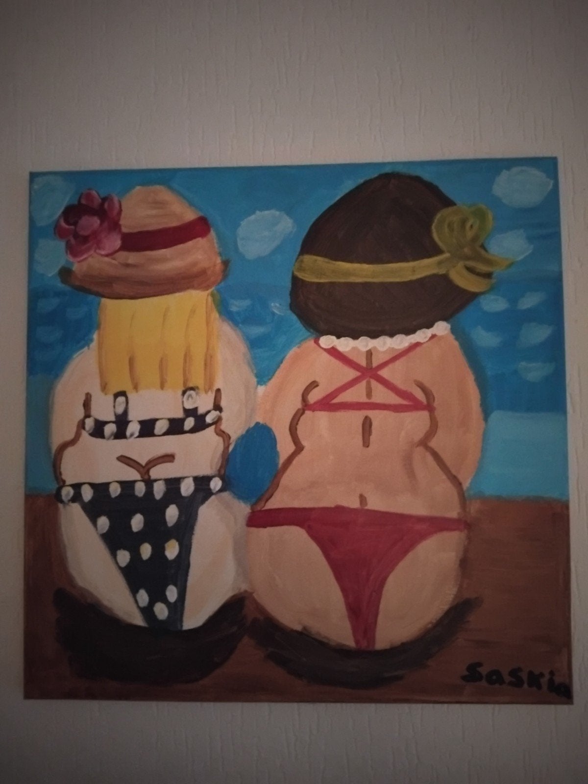 Schilderij 'Dikke Dames' - Handgemaakt Uniek Stuk, Ophalen, Handgeschilderd, Textiel, Figuren