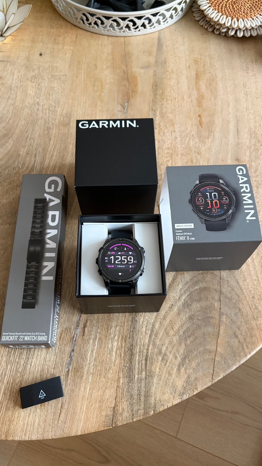 Garmin Fenix 8 47mm Sapphire + originele titanium band, Ophalen, Gebruikt, Zwart, Waterdicht