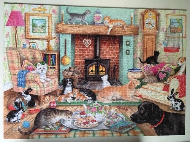 Falcon puzzel 2 x 1000 stukjes: Animals at home, Ophalen of Verzenden, 500 t/m 1500 stukjes, Gebruikt, Legpuzzel