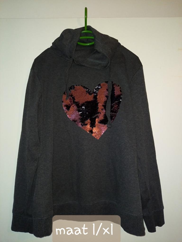 Donkergrijze hoodie met pailletten hart, Maat 42/44 (L), Ophalen of Verzenden, Grijs, Onbekend