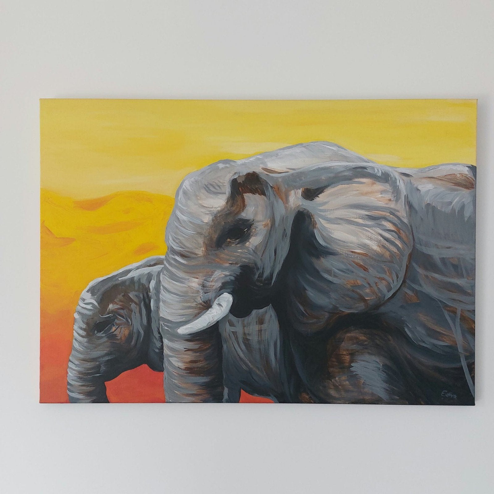 Schilderij olifanten - Handgeschilderd kunstwerk, Ophalen, 50 – 75, Zo goed als nieuw, Schilderij