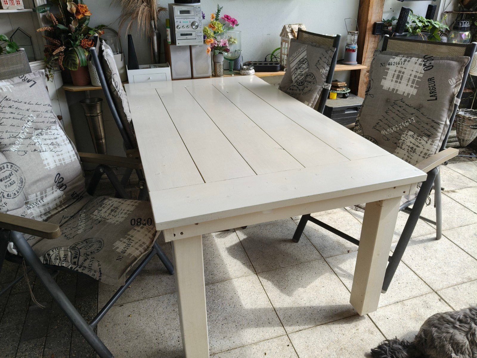 Eettafel binnen of buiten met 4 tuinstoelen., Tuin en Terras, Tuinsets en Loungesets, Ophalen, 4 zitplaatsen, Gebruikt, Steigerhout