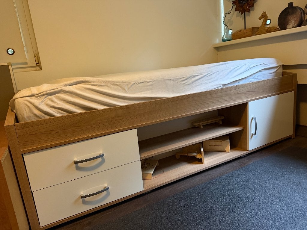 Bed ombouw, Ophalen, 90 cm, Eenpersoons, Beige