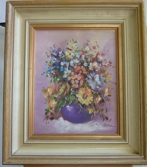 Katharina Schöttler Schilderij op doek 44x40 cm, gesigneerd, Bloemen, Doek, Realistisch, Ophalen of Verzenden
