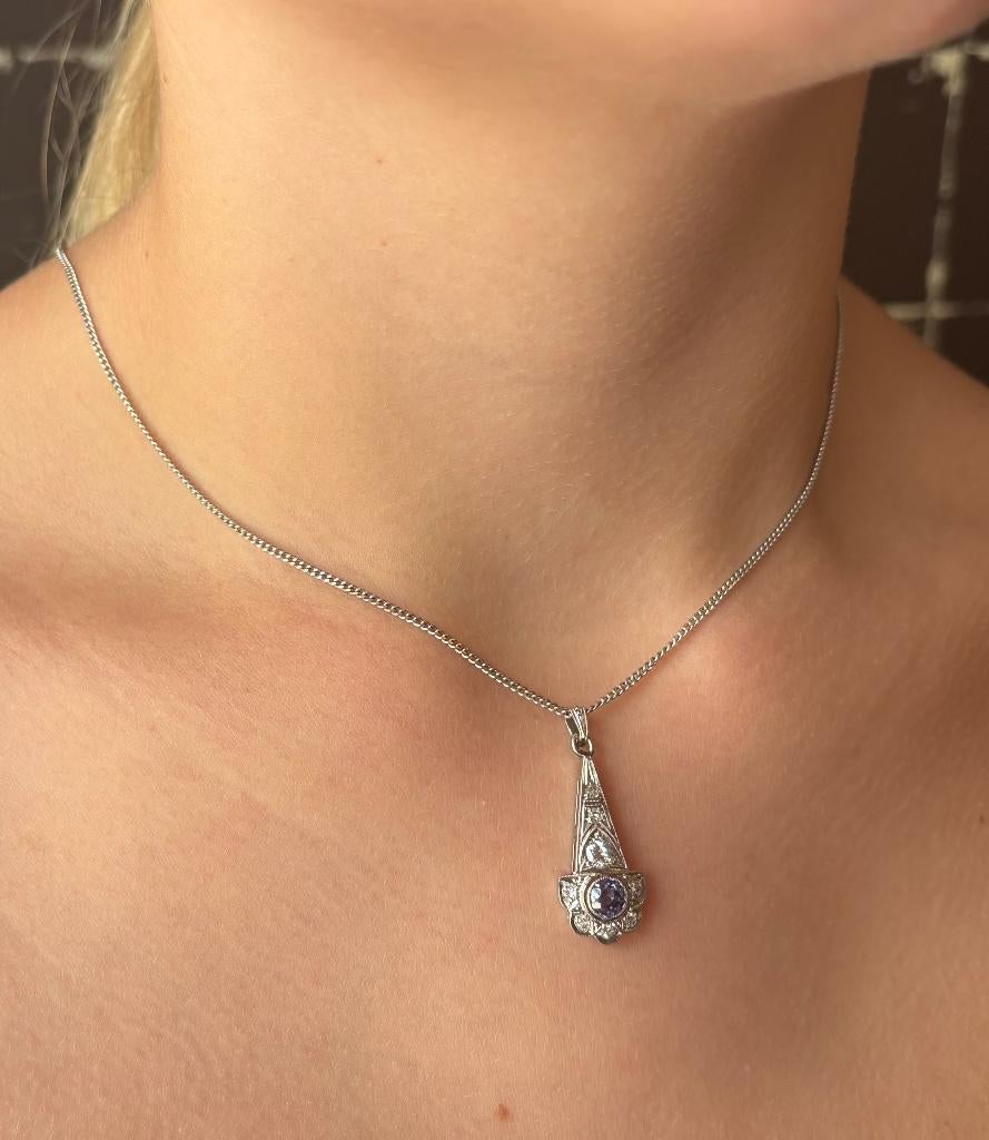 Diamant tanzaniet Art Deco 14k goud ketting & hanger platina, Verzenden, Goud, Ketting, Met edelsteen
