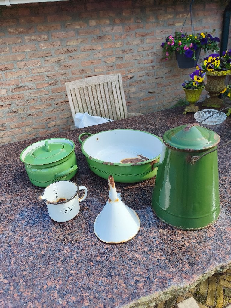 Antieke Groene Geëmailleerde Gebruiksvoorwerpen Decoratie, Antiek en Kunst, Ophalen of Verzenden