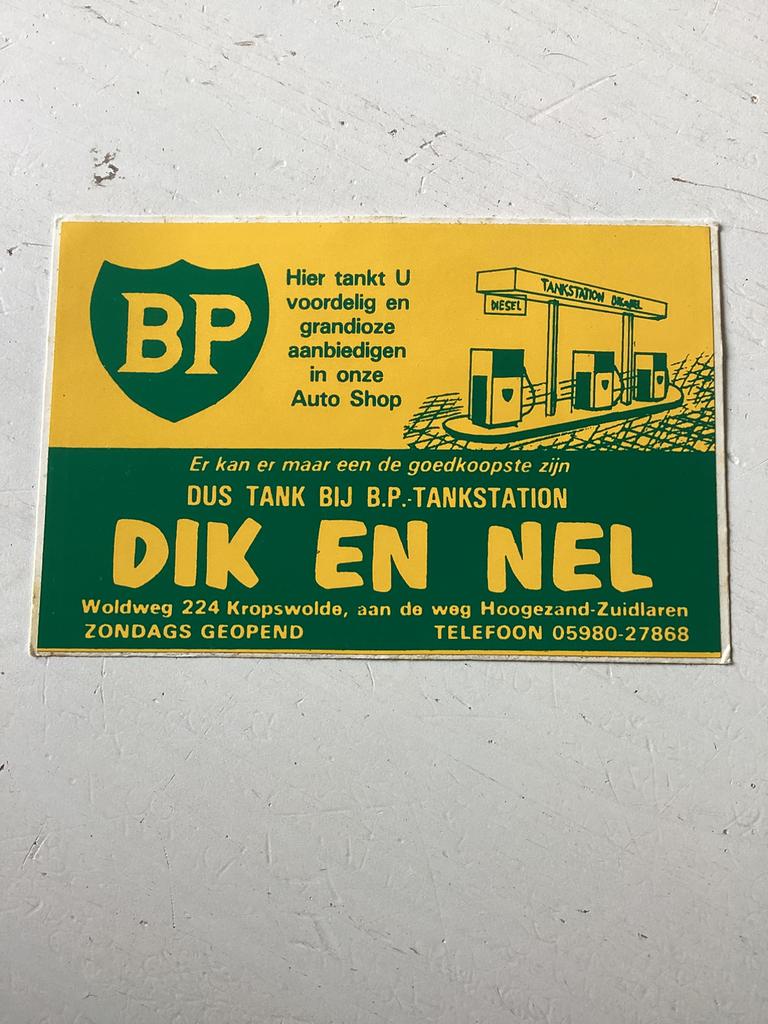 Sticker BP tankstation Dik en Nel Kropswolde, Verzenden, Zo goed als nieuw