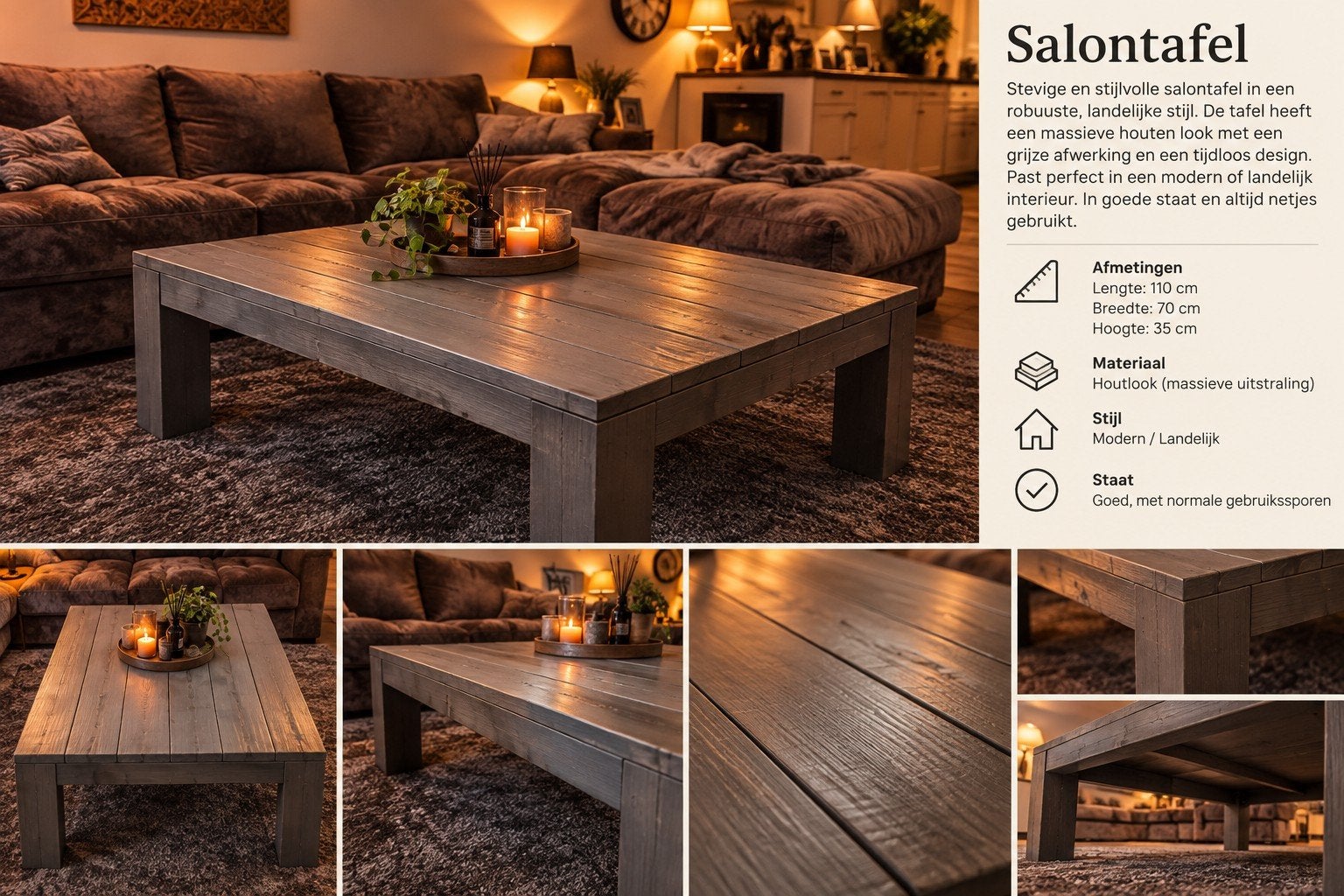Robuuste Salontafel - grijs eiken Landelijke Stijl, Ophalen, Gebruikt, 100 tot 150 cm, 50 tot 100 cm