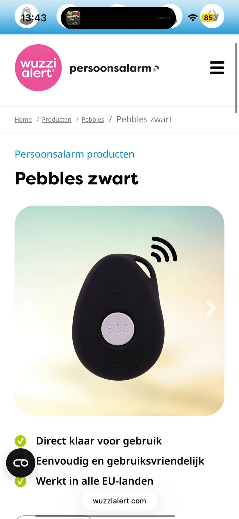 Wuzzi Alert Pebbles Persoonsalarm Zwart - Gebruikt, Ophalen of Verzenden, Gebruikt