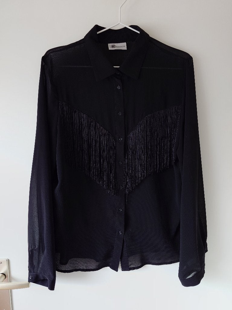 Vintage Zwarte Blouse met Franjes - Maat L, Zwart, Maat 42/44 (L), Ophalen of Verzenden, Zo goed als nieuw
