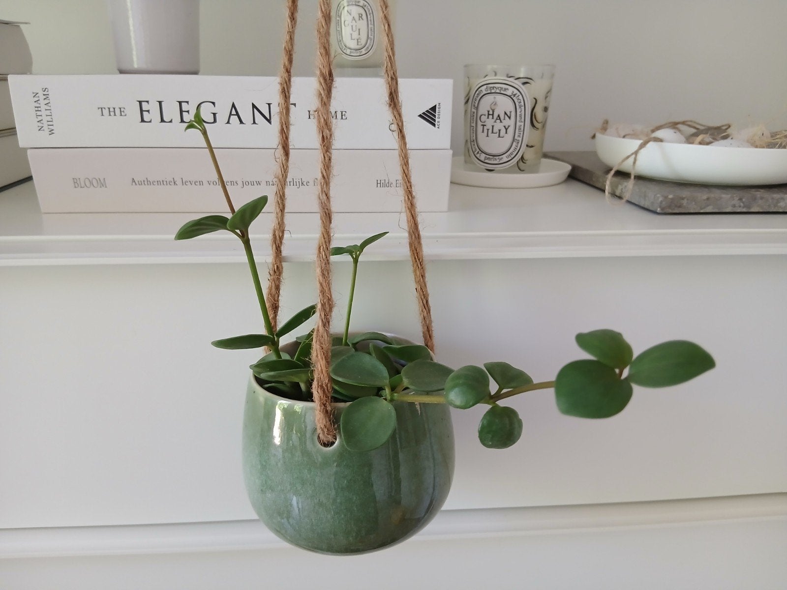 Groene plantenhanger met touw eraan voor maar €3,99, Rond, Ophalen of Verzenden, Zo goed als nieuw, Aardewerk