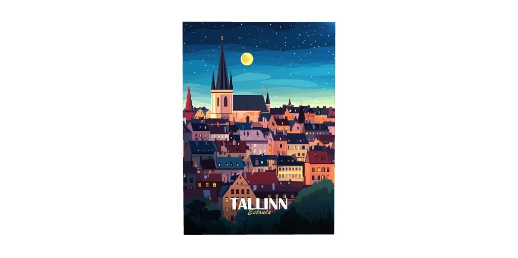 Displate Tallinn, Estonia Cityscape at Night, Ophalen of Verzenden, Metaal, Print, Landschap