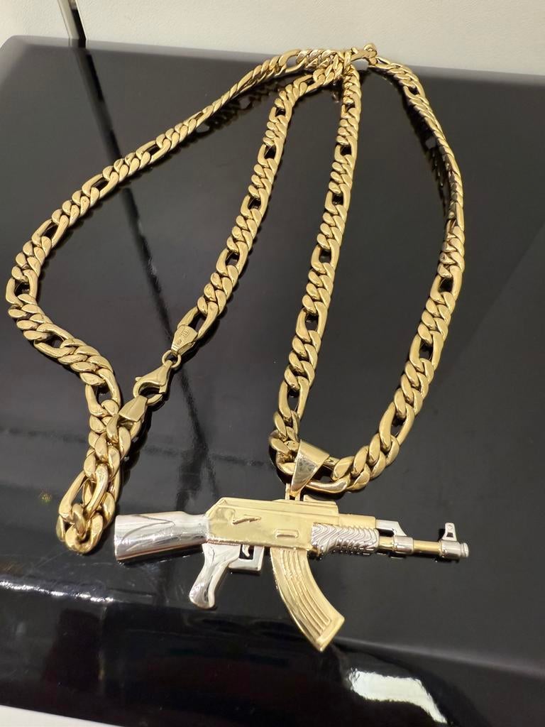 Prachtige 14 karaats gouden figaro ketting met ak-47 hanger, Ophalen of Verzenden, Goud