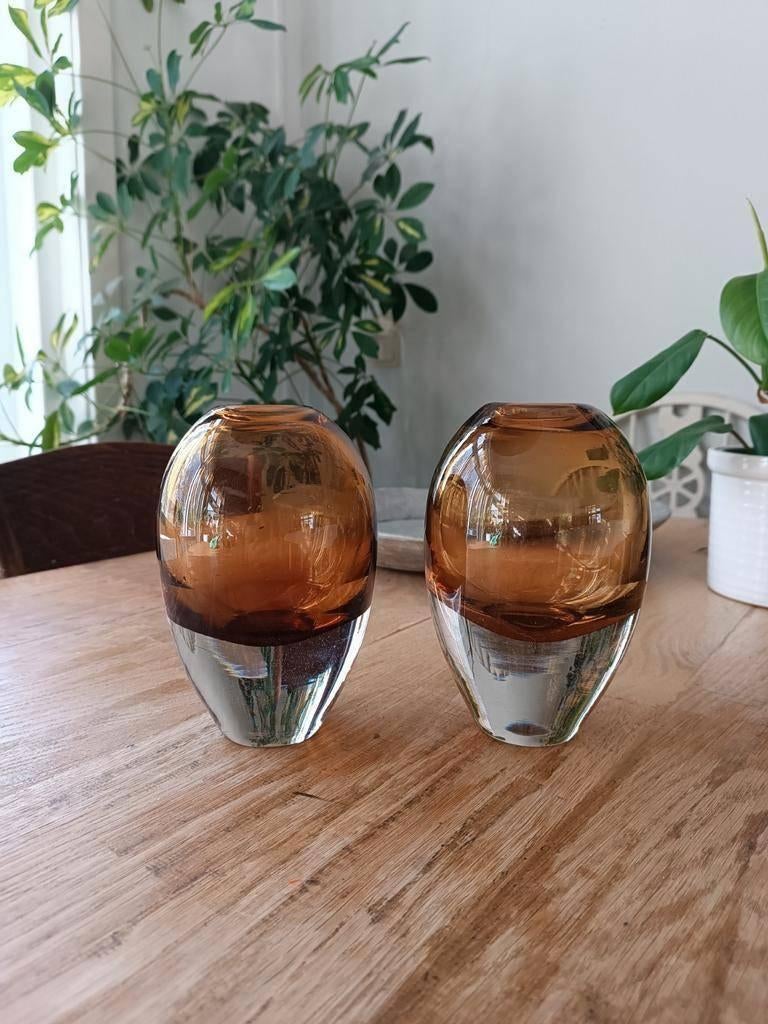 Set van 2 mondgeblazen glas vazen, cognac, Ophalen, Tweedehands, Tweedehands, Glas