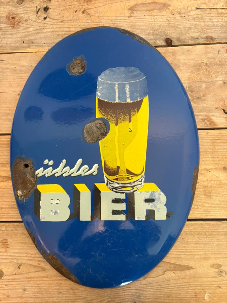 Emaille bord (Oud Duits BIER) Maat bord 58x42 cm., Ophalen of Verzenden