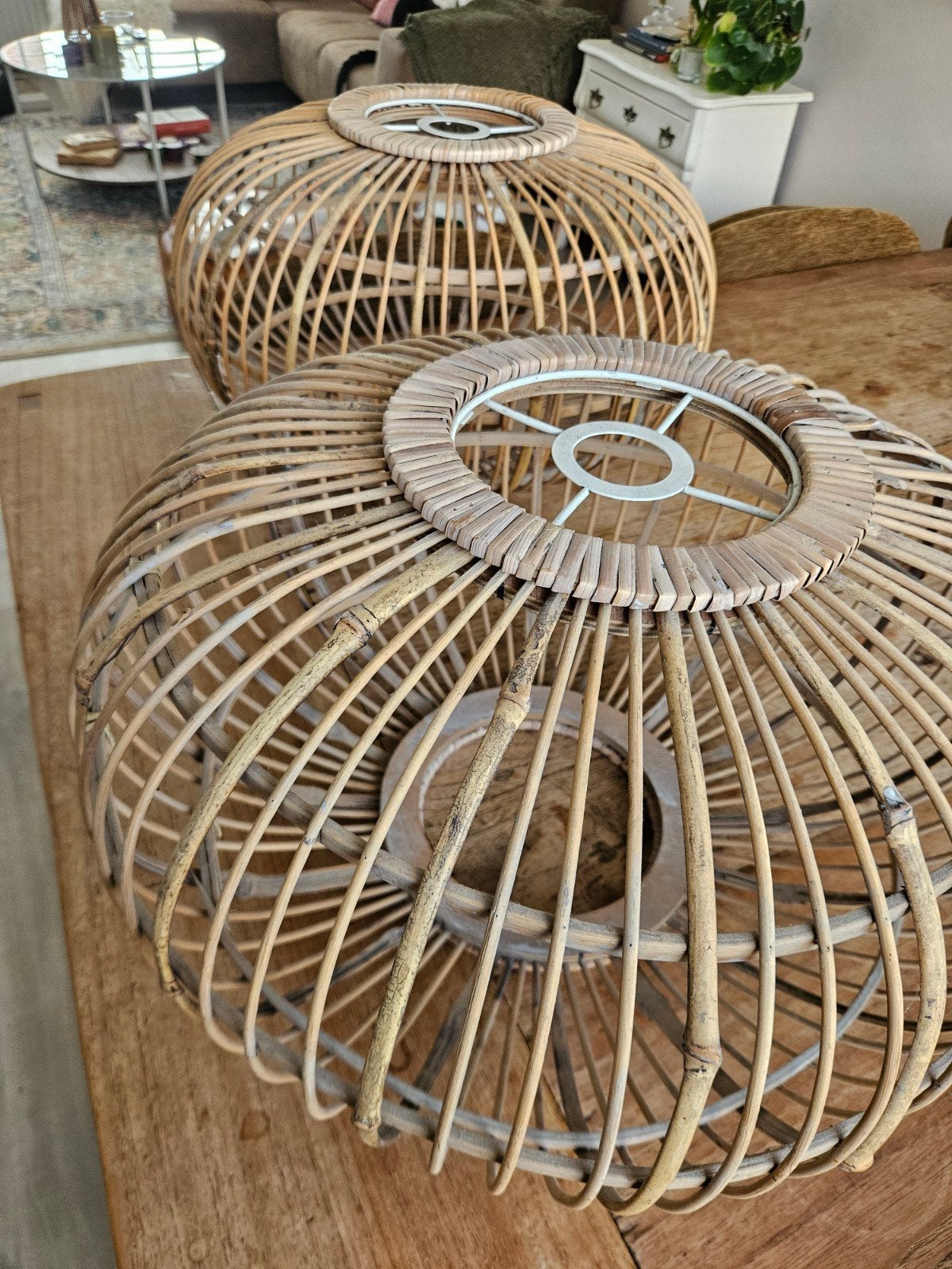 Set van 2 rotan lampenkappen - Bohemian stijl, Natuurlijk materiaal, Beige, Rond, Zo goed als nieuw
