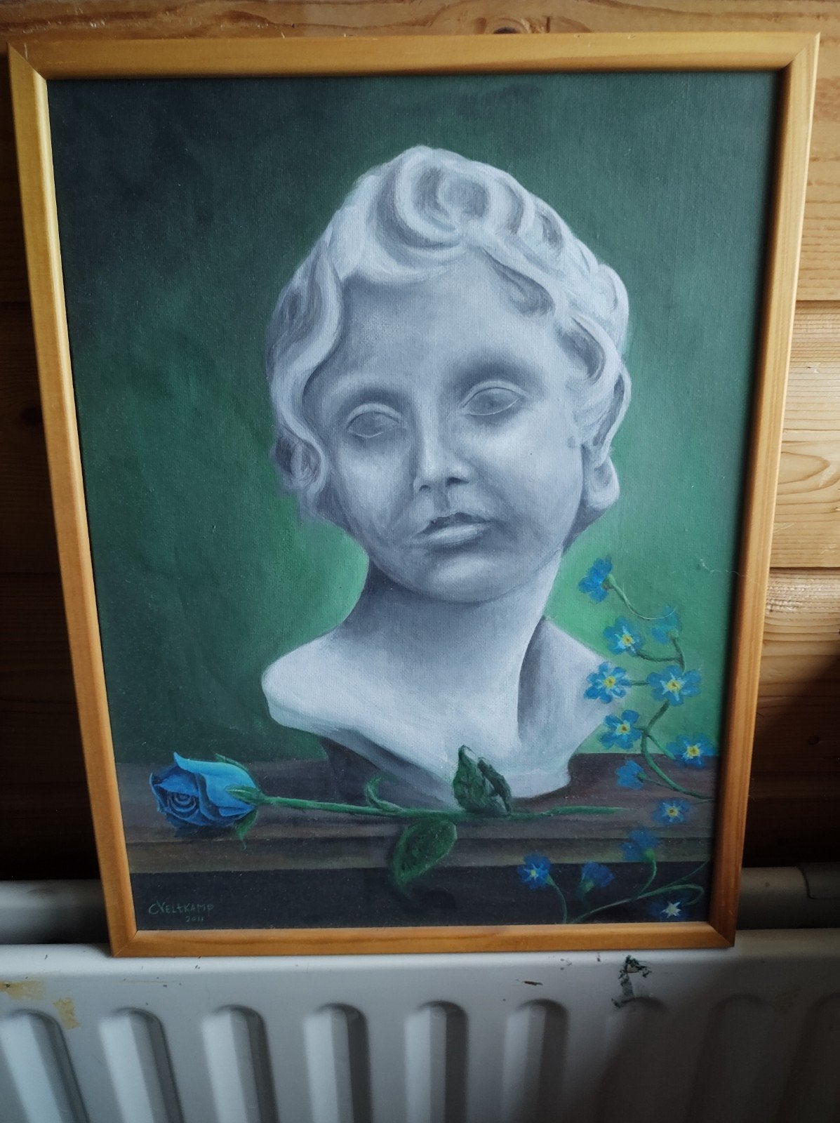 Schilderij: Buste met blauwe roos en vergeet-mij-nietjes, Ophalen of Verzenden