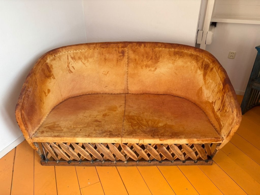 Vintage Mexicaans leren bank, Ophalen, Gebruikt, 150 tot 200 cm, Tweepersoons