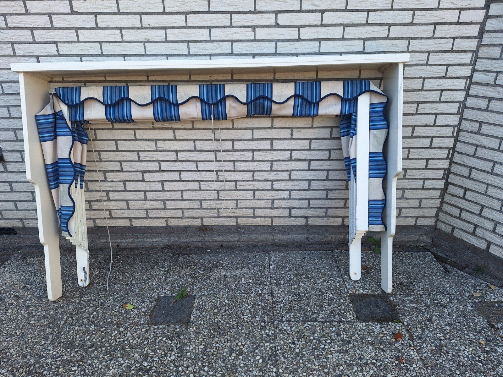 3 x Markiezen + ombouw - Blauw/wit gestreept, Ophalen, Gebruikt, Minder dan 250 cm, Markies