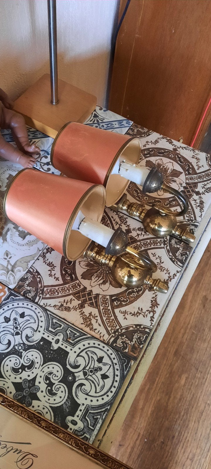 Set van 2 vintage messing wandlampen met roze kappen, Ophalen of Verzenden