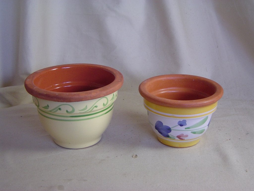 2 kleine geglazuurde terracotta bloempotjes Italië, Gebruikt, Rond, Binnen, Ophalen of Verzenden