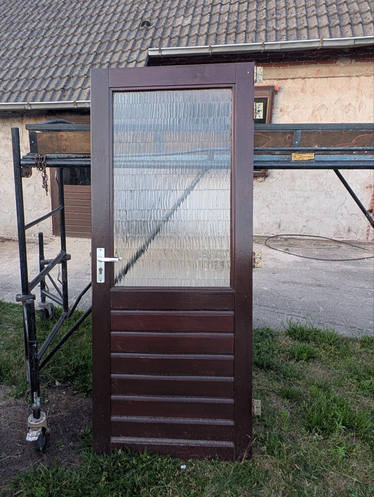 Bruine hardhouten buitendeur met enkel glas, 200x80 cm, Ophalen, Gebruikt, 80 tot 100 cm, Buitendeur