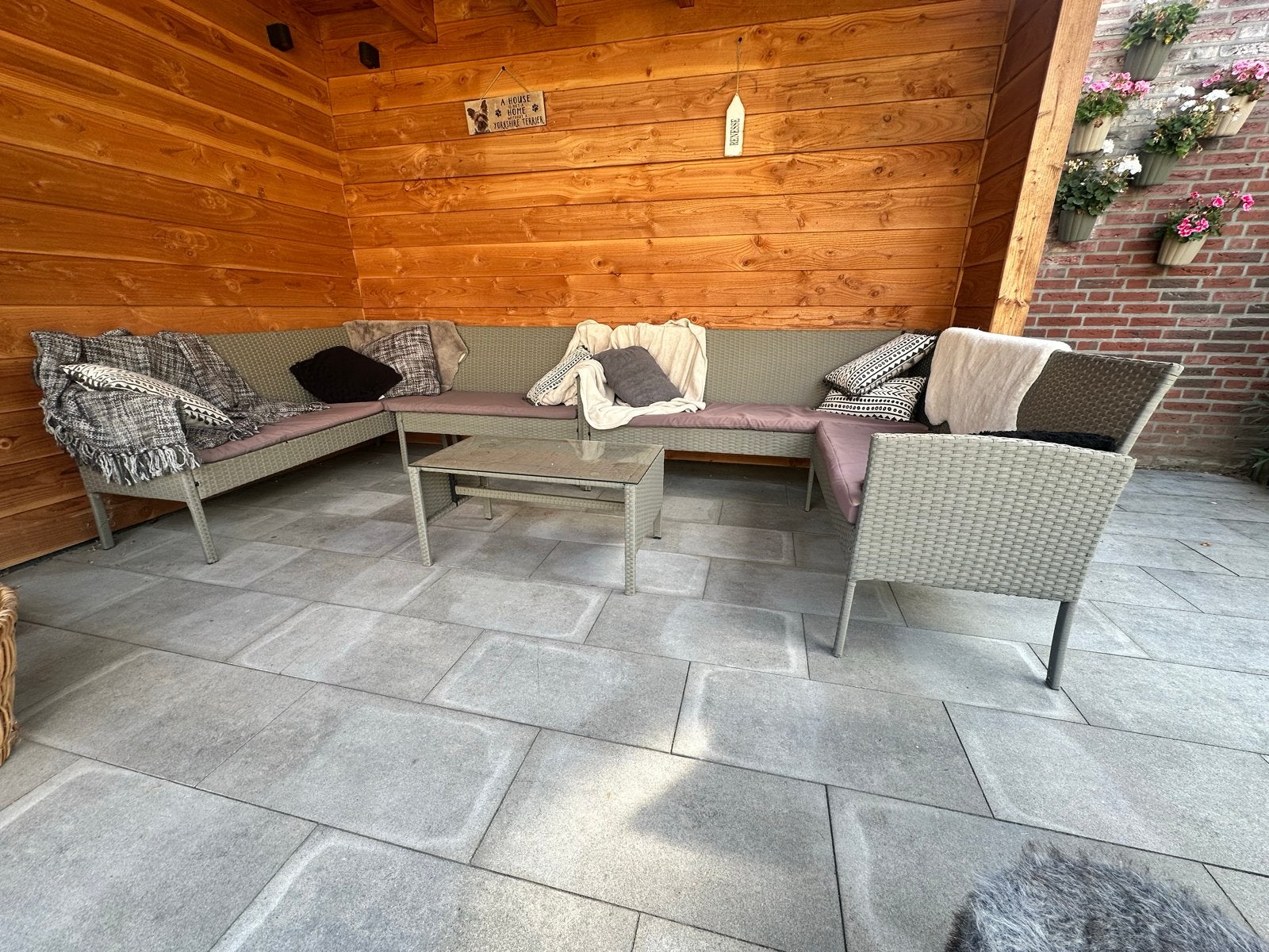 Wicker Loungeset met Glazen Salontafel, Tuin en Terras, Ophalen, 5 zitplaatsen, Gebruikt, Loungeset