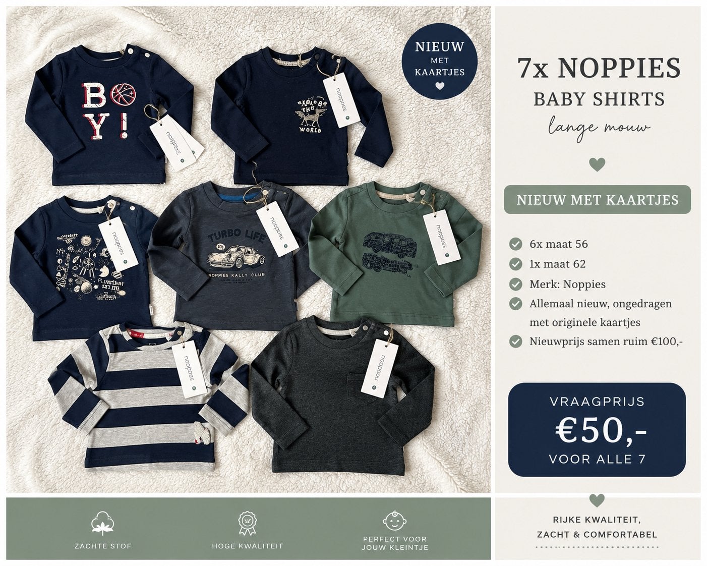 7x Noppies baby shirts maat 56/62 – NIEUW met kaartjes, Kinderen en Baby's, Babykleding | Baby-zwemkleding, Ophalen of Verzenden