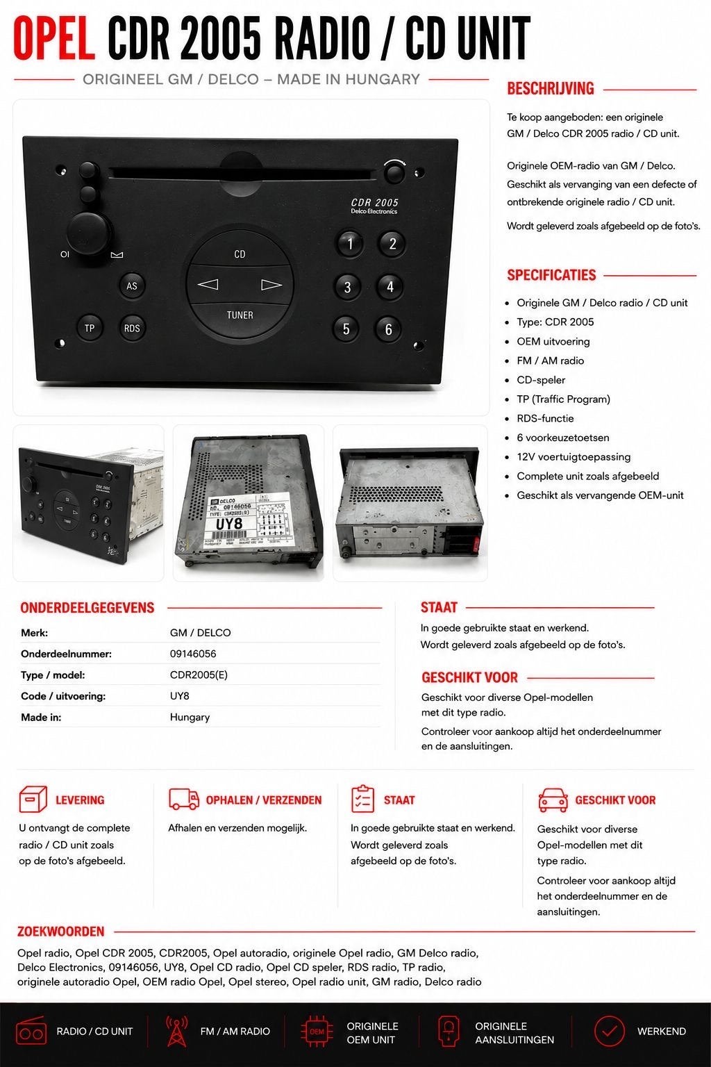 Opel CDR 2005 Originele Radio CD – GM Delco – 09146056, Ophalen of Verzenden, Gebruikt
