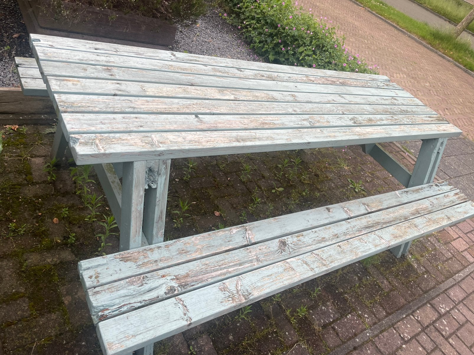 Robuuste houten picknicktafel - opknapper, Tuin en Terras, Ophalen, Gebruikt, Rechthoekig, Hout