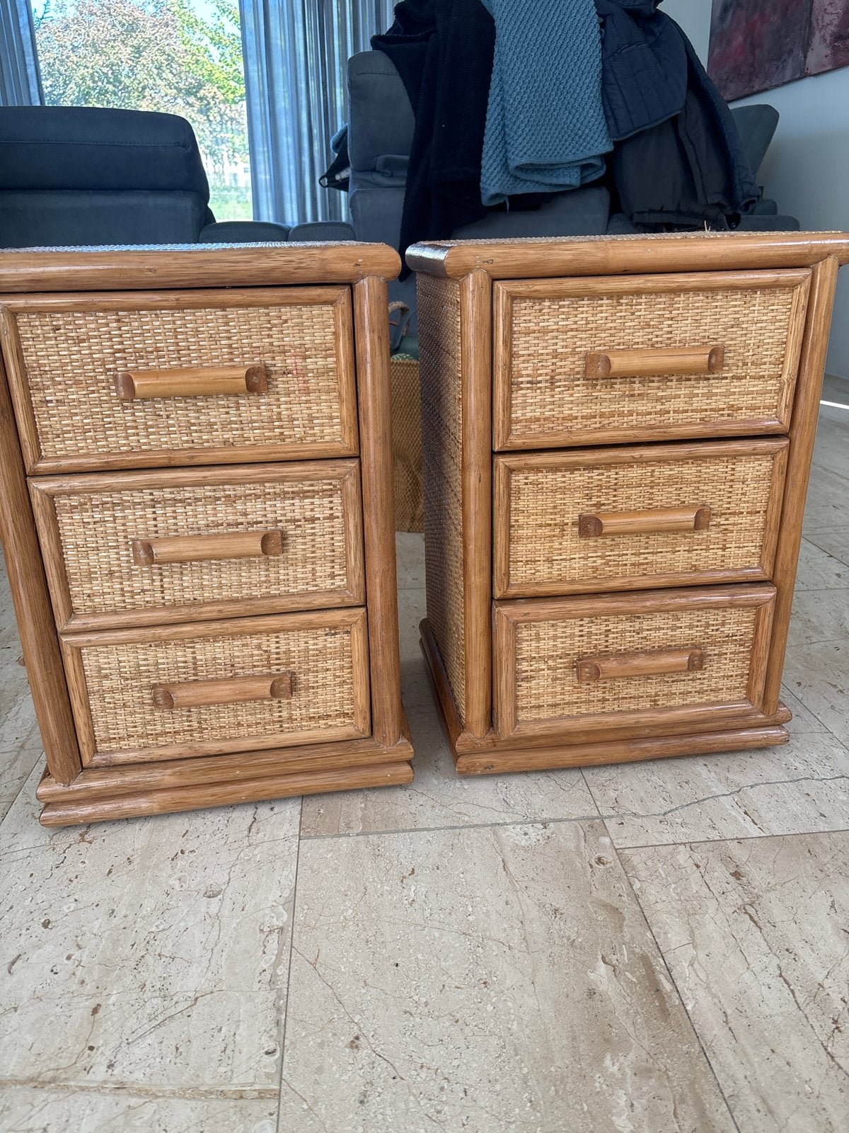 Set van 2 rotan nachtkastjes met 3 lades, Overige materialen, Gebruikt, Minder dan 45 cm, 55 tot 70 cm