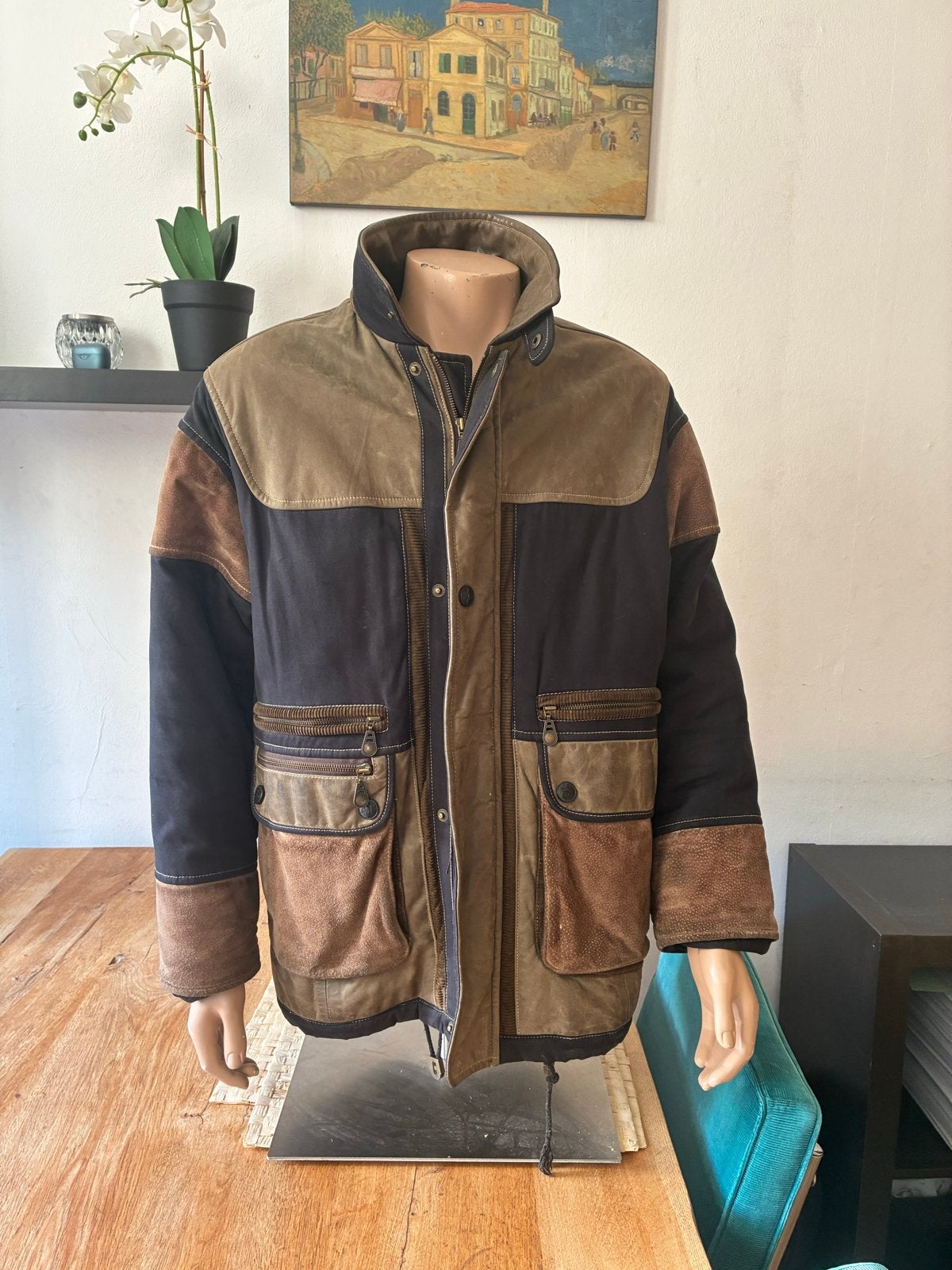 Unieke heren winterjas - deels leer, deels stof, maat L, Ophalen of Verzenden, Zo goed als nieuw, Maat 52/54 (L), Meerkleurig