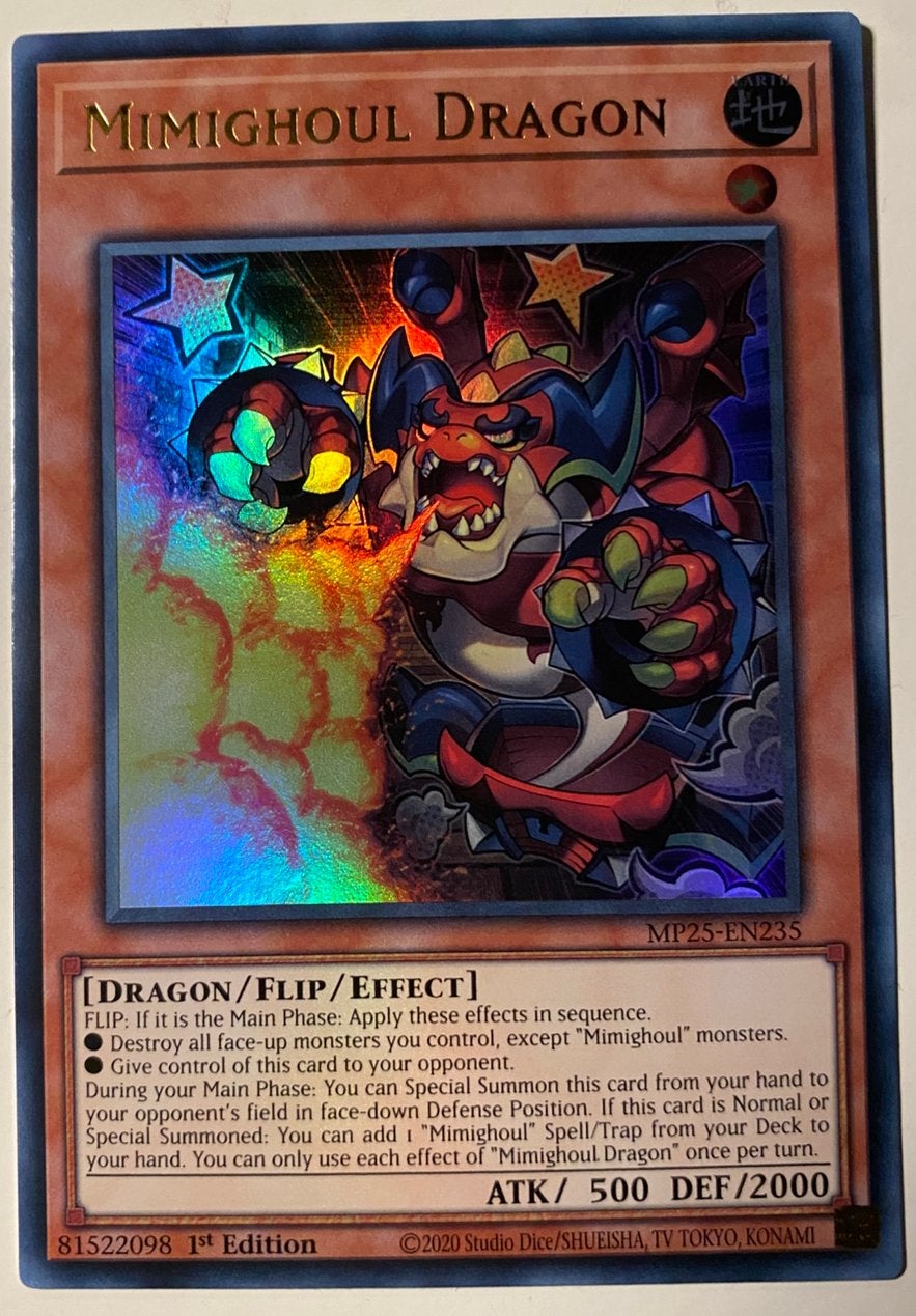 Yu-Gi-Oh! Mimighoul Dragon MP25 1st Edition !, Ophalen of Verzenden, Zo goed als nieuw, Losse kaart, Foil