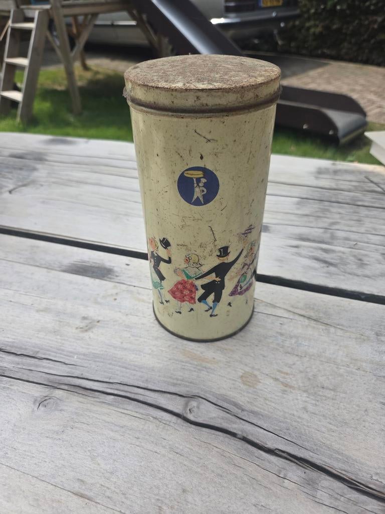 Vintage blikken trommel met dansende figuren, Ophalen of Verzenden