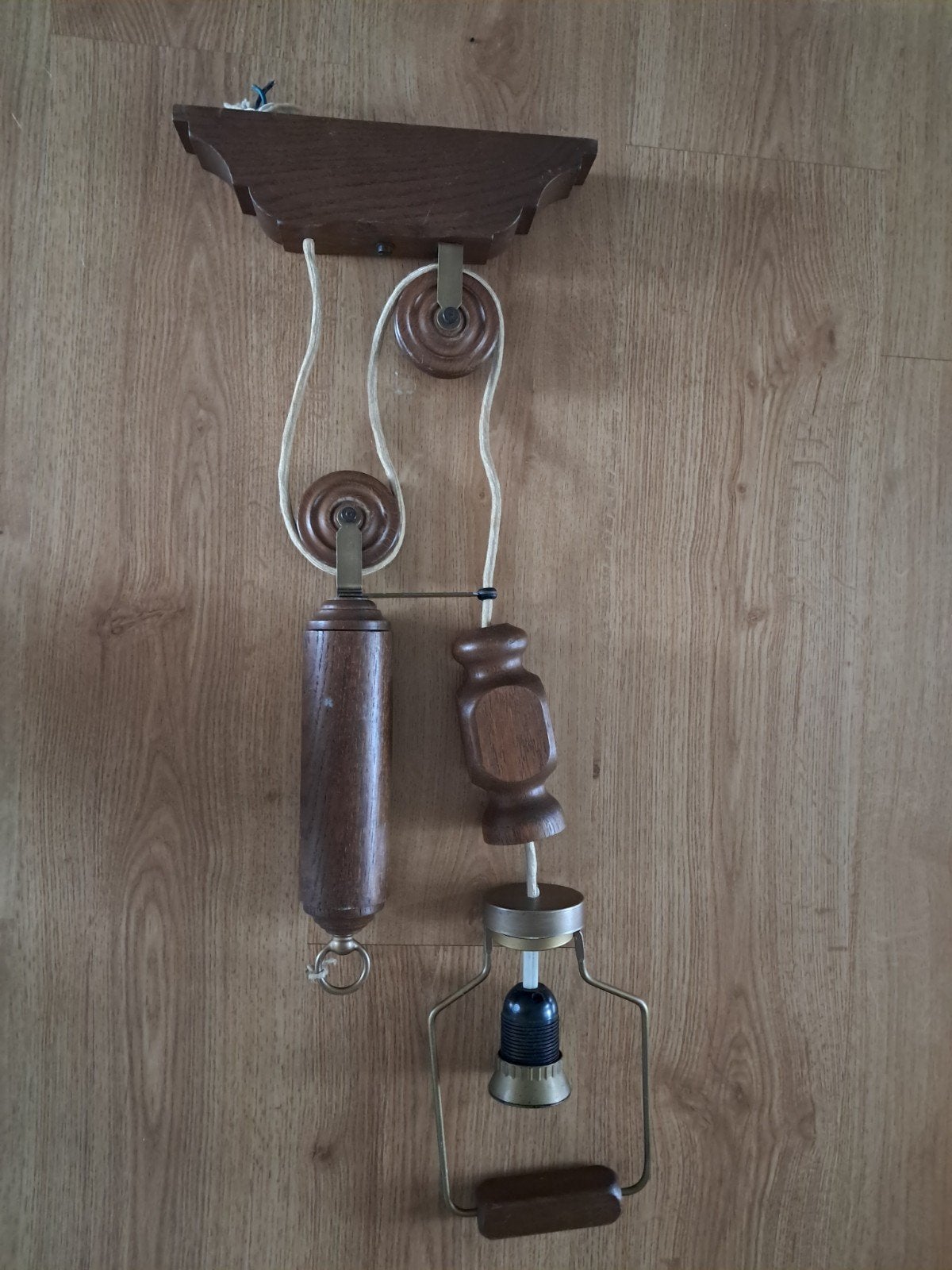 plafondlamp katrollamp katrol eikenhout vintage handgemaakt, Vintage, Zo goed als nieuw, Handgemaakt, E27 (groot)