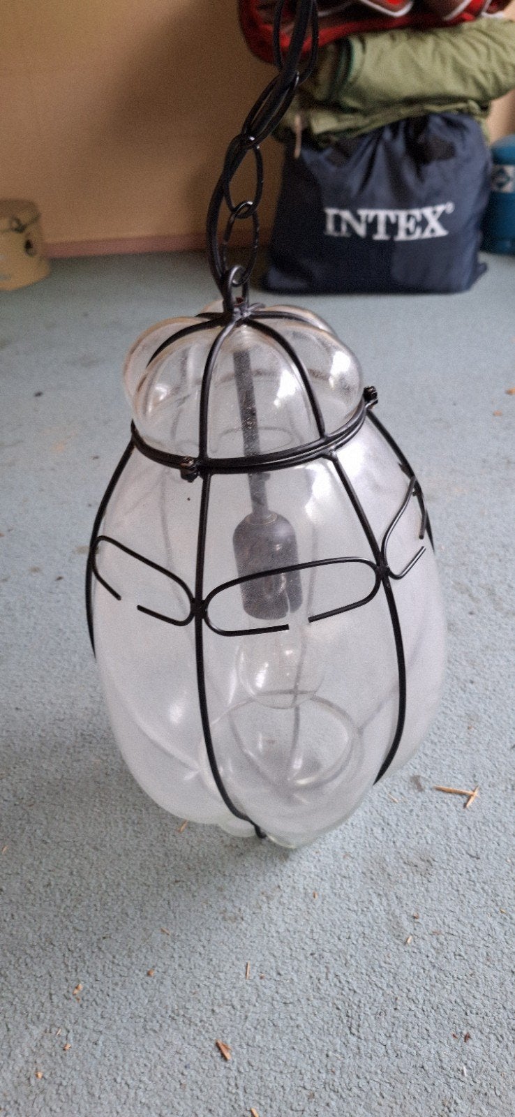 Hang lamp metaal en glas ca 36 cm lang en ca 24 cm breed, Ophalen, Gebruikt, Glas, E27 (groot)