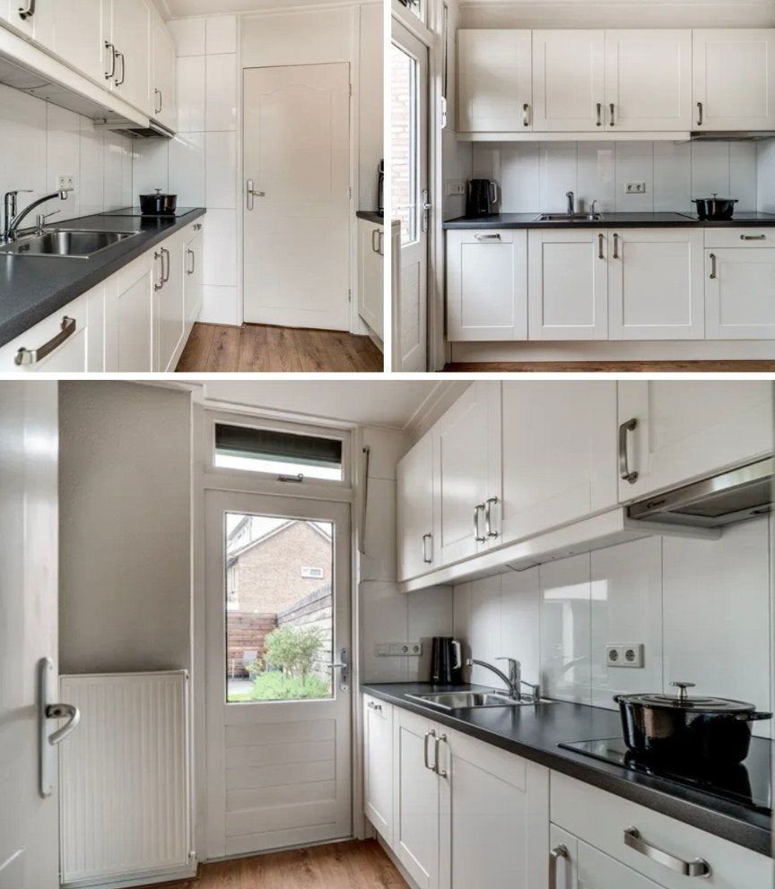 Nette witte keuken met donker aanrechtblad, Huis en Inrichting, Ophalen, Gebruikt, Wit, Enkelwandige keuken
