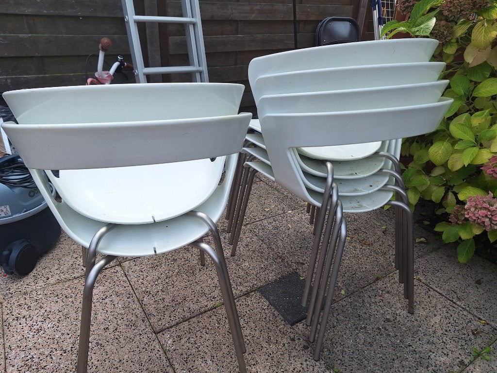 6x stevige witte harde kunststof stoelen, Huis en Inrichting, Ophalen, Kunststof, Gebruikt, Wit