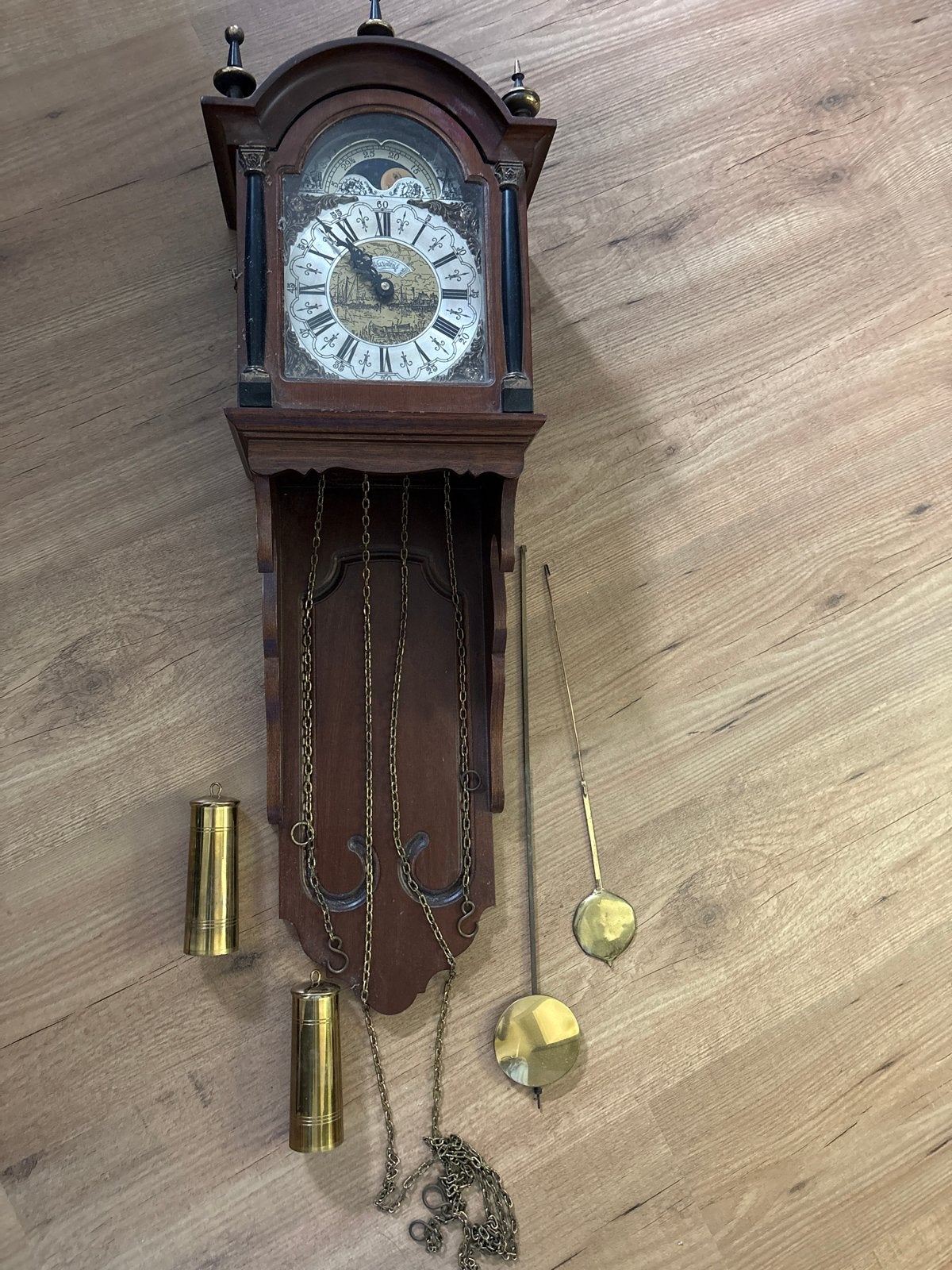 Antieke Warmink wandklok met maanfase en gewichten, Antiek en Kunst, Ophalen