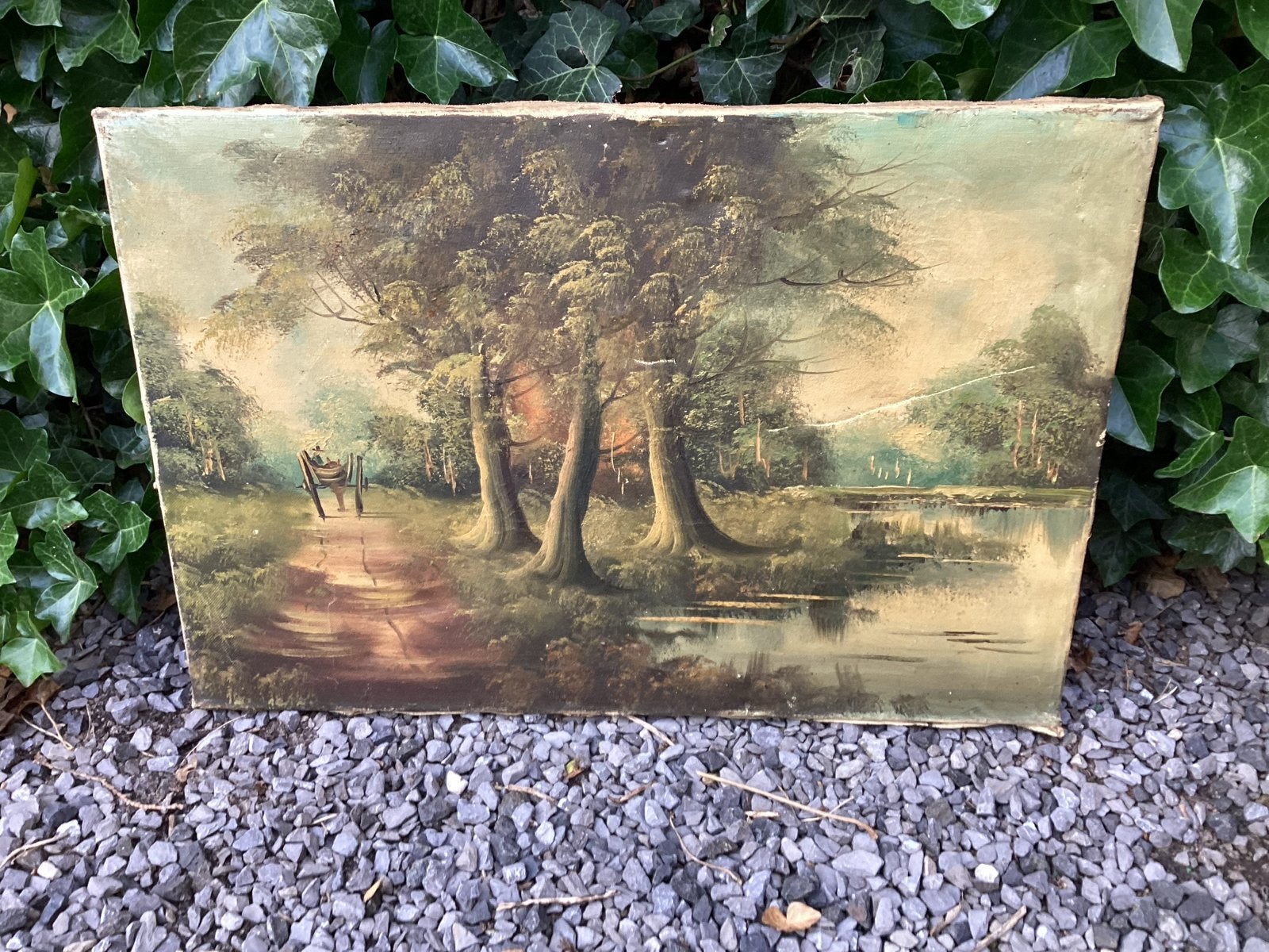 Oud schilderij boslandschap 60x40 cm, Antiek en Kunst, Ophalen