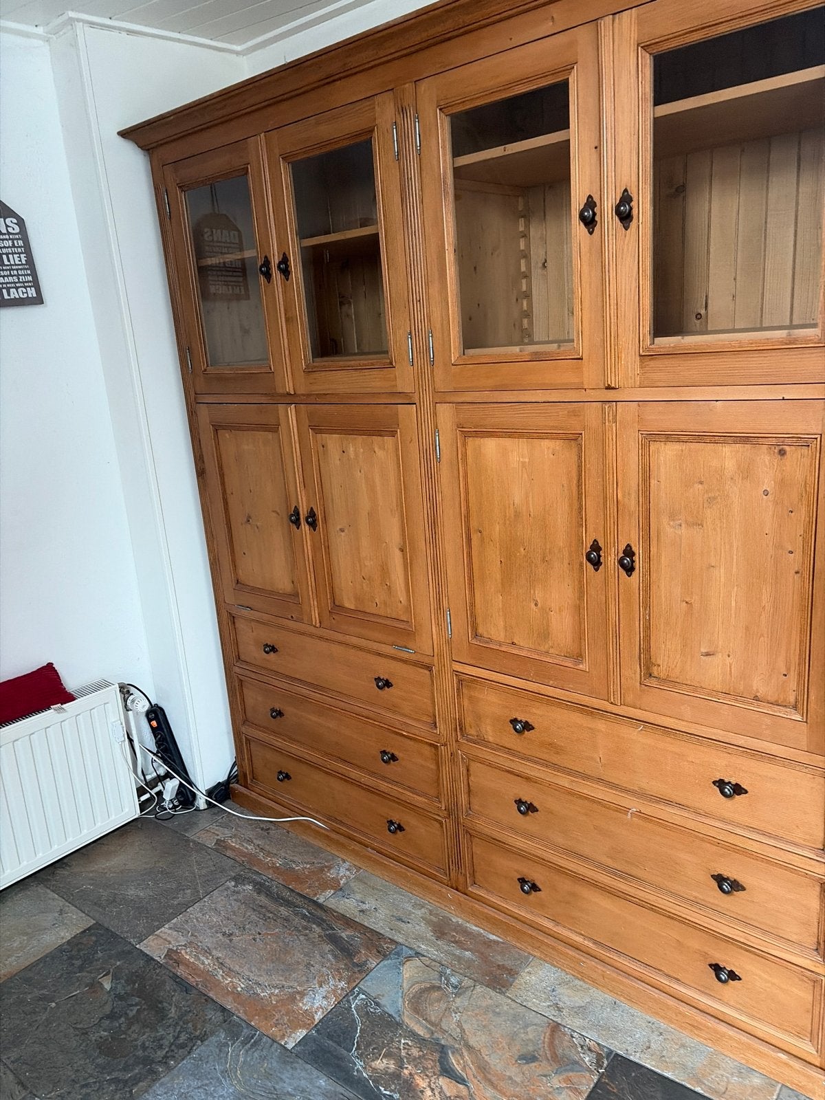 Grote grenen kast met vitrine en lades, Ophalen, Gebruikt, 200 cm of meer, Oud grenen