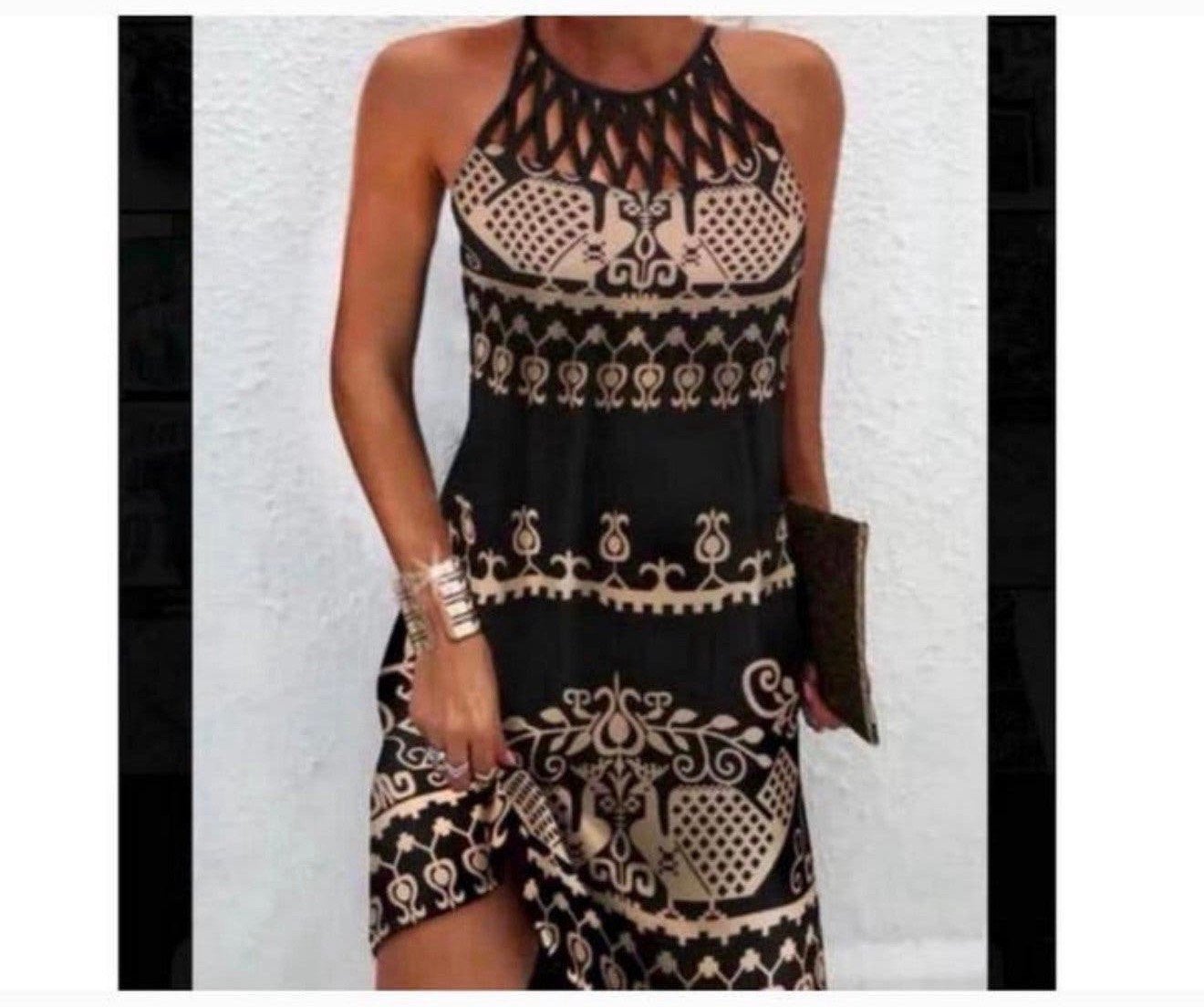 Vrouwen Sexy Jurk Ronde Hals Vintage mouwloos met patroon L, L, Meerkleurig, Maat 42/44 (L), Nieuw
