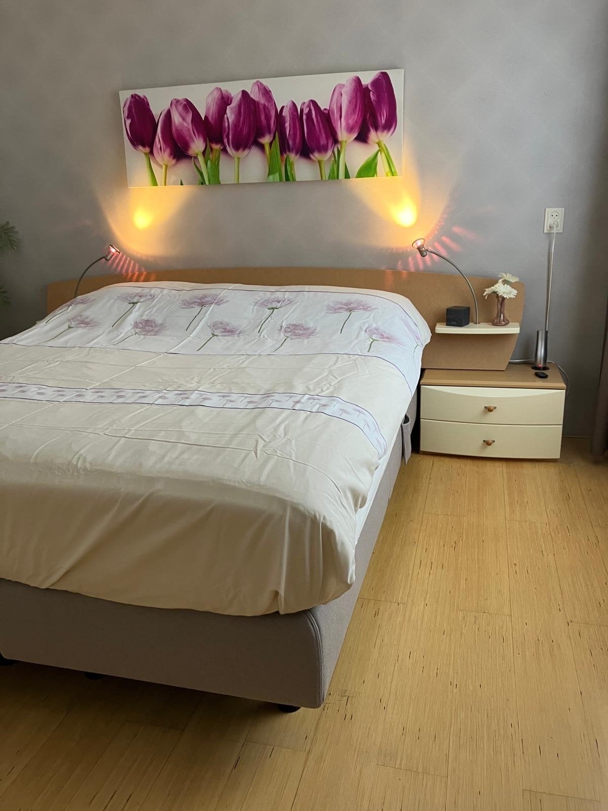Tweepersoons achterwand met nachtkastjes en verlichting, Ophalen, Gebruikt, Beige, Tweepersoons