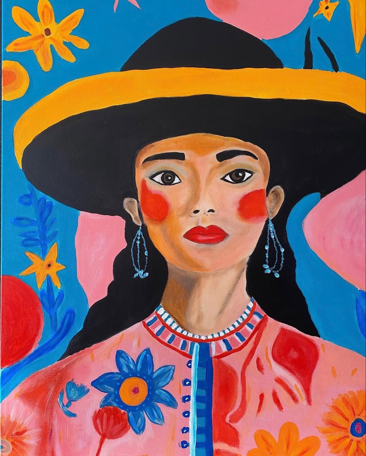 Kleurrijk Portret van Vrouw met Hoed, Antiek en Kunst, Ophalen, Acrylverf, Handgeschilderd, Portret